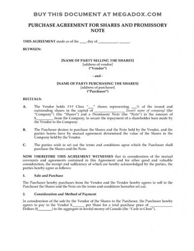 canada purchase agreement for shares  promissory note promissory note template ohio doc