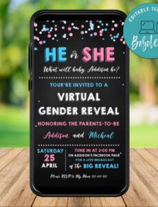 editable electronic pink or blue chalkboard virtual gender reveal virtual holiday party agenda template pdf