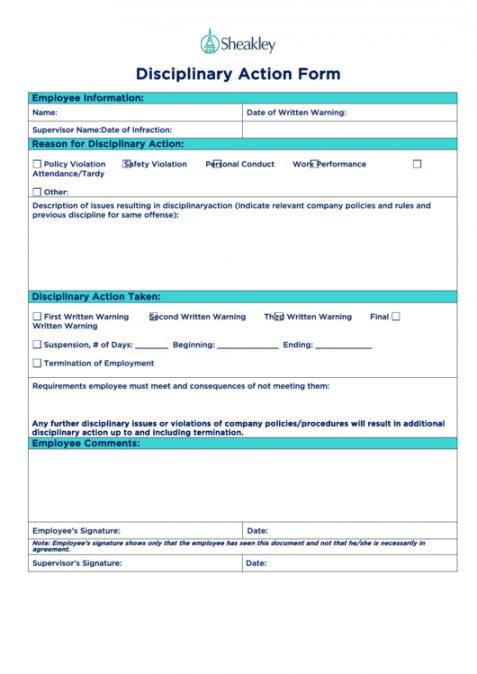 free disciplinary action form  sheakley printable pdf download disciplinary file note template