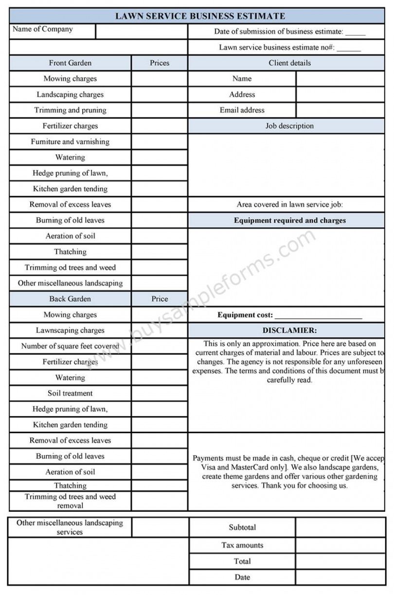 free lawn service business estimate form  sample forms gardening estimate template pdf