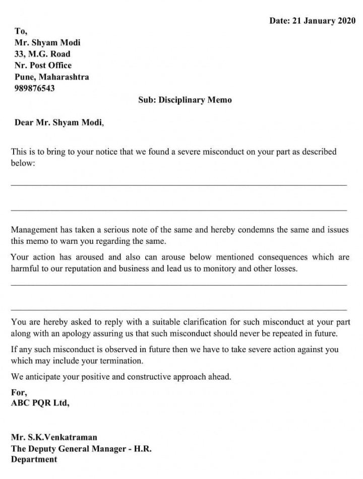 printable download employee disciplinary memo excel template disciplinary file note template example