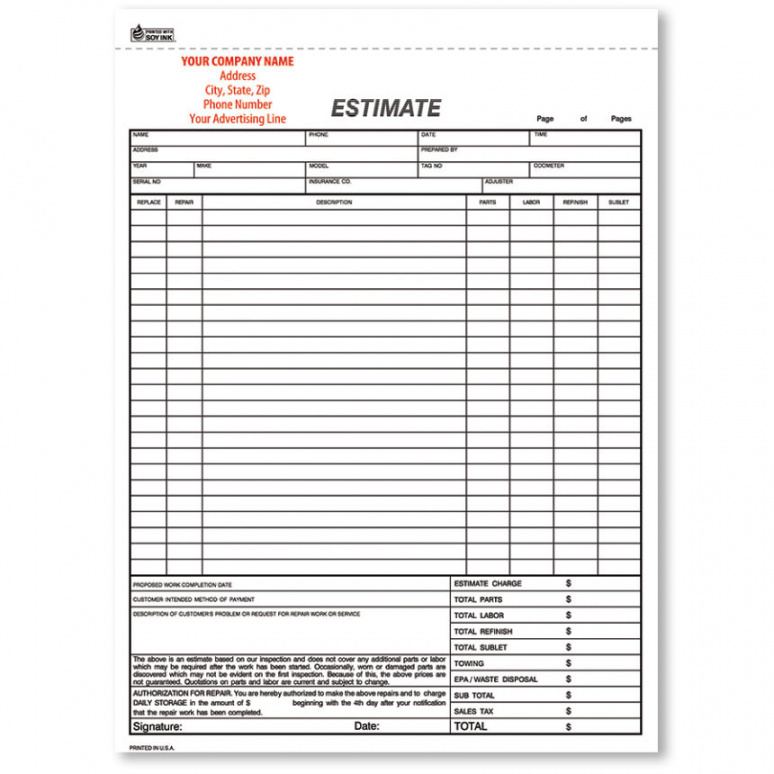 sample custom imprinted repair estimates auto dealer forms  car window replacement estimate template
