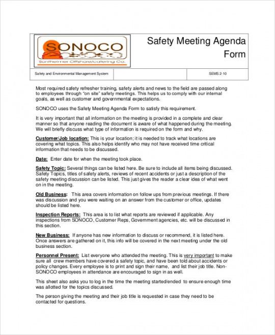 Sample Safety Agenda Template 6 Free Word Pdf Documents Health And Safety Committee Meeting 5567