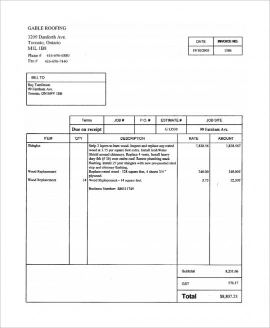 editable free 12 sample roofing invoice templates in pdf  ms word blank roofing estimate template
