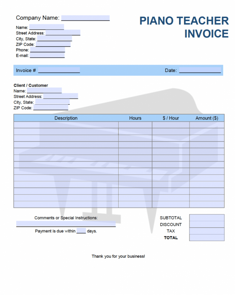 Editable Free Piano Teacher Invoice Template Pdf Word Excel Basis Of