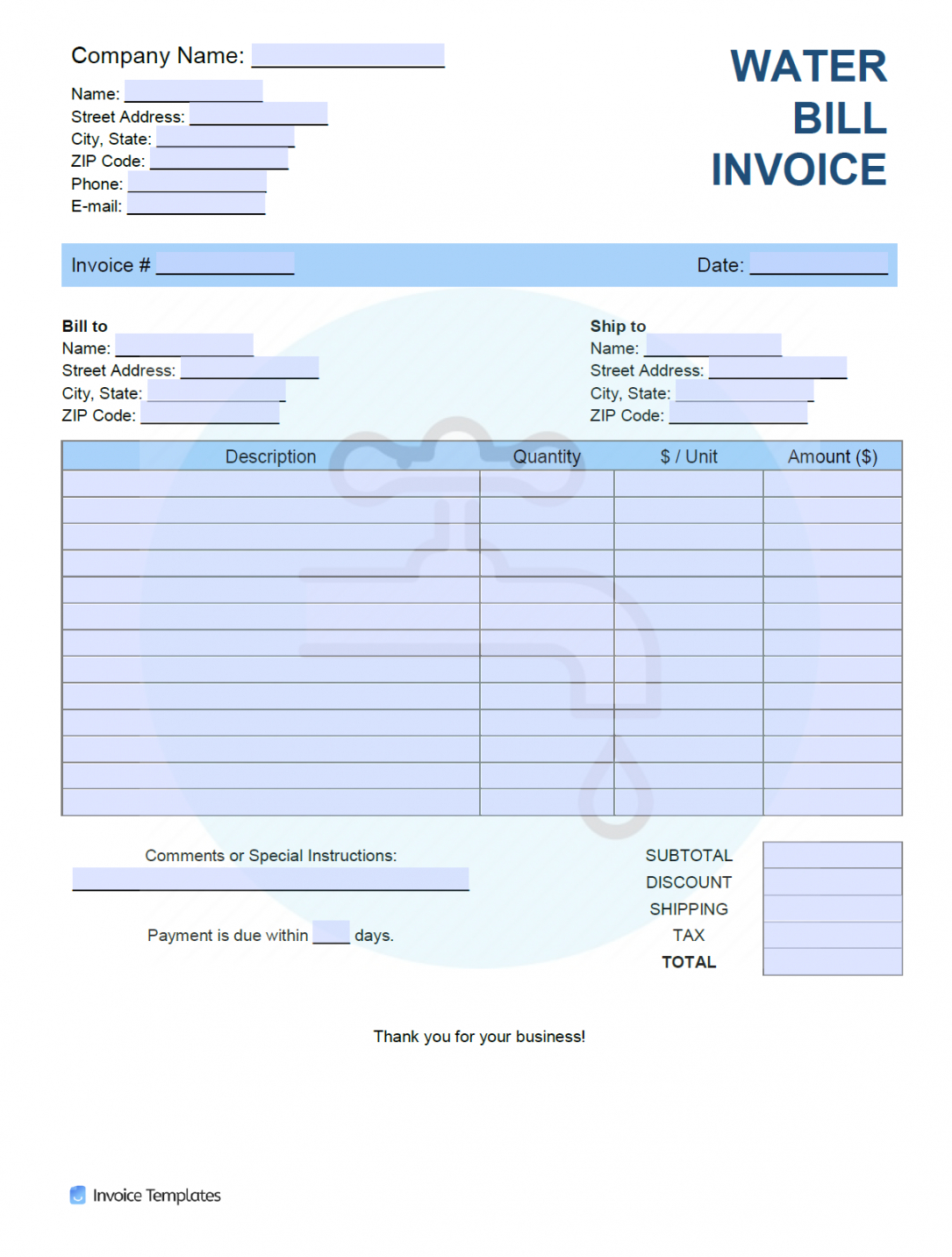 free free water bill invoice template  pdf  word  excel basis of estimate template example