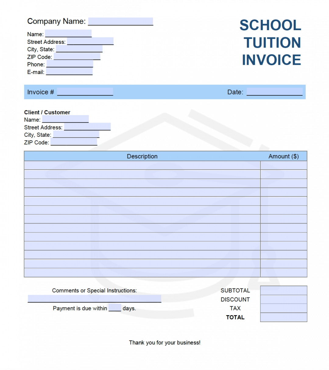 free school tuition invoice template  pdf  word  excel basis of estimate template excel