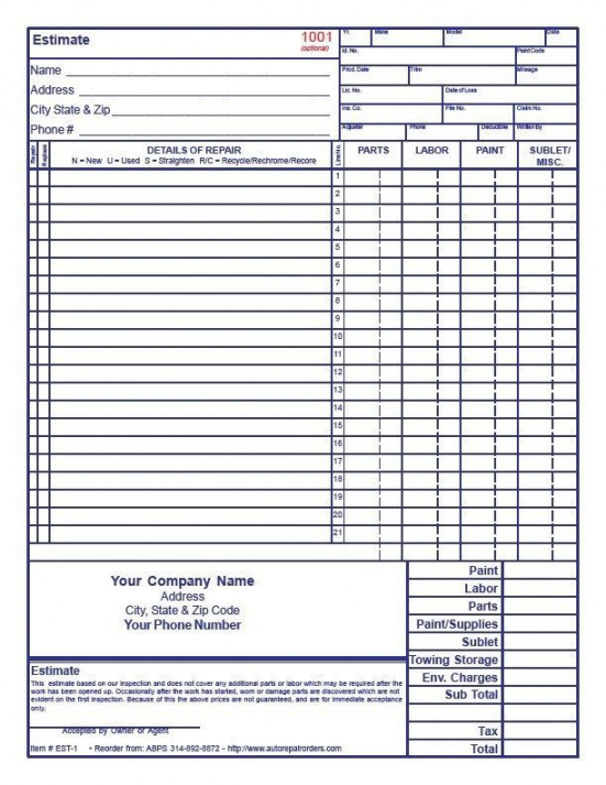 Printable Auto Body Estimate Template Free Download Auto Body Download