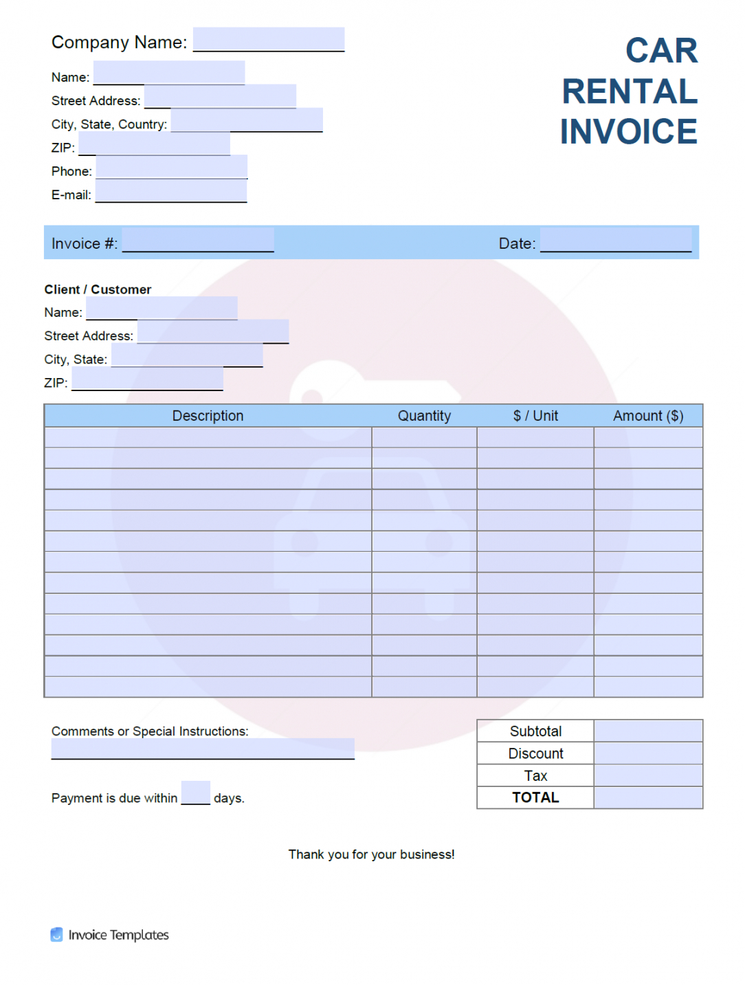 printable free car rental invoice template  pdf  word  excel basis of estimate template doc