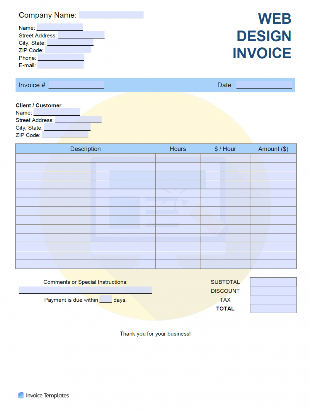 printable free web design invoice template  pdf  word  excel web design cost estimate template pdf