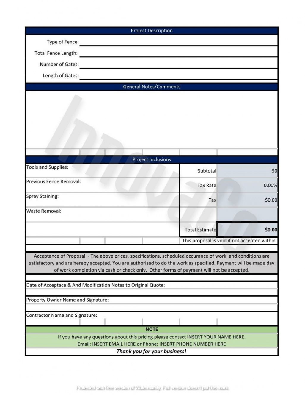 sample fencing estimate template fence quote template fence  etsy fence estimate form template doc