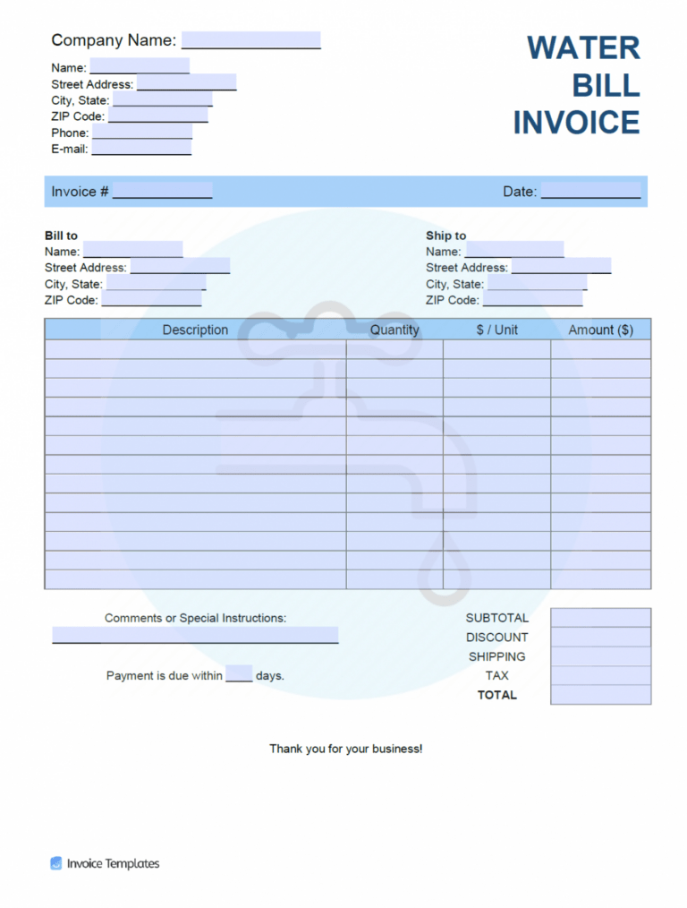 Sample Free Water Bill Invoice Template Pdf Word Excel Basis Of ...