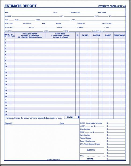 sample pin on example business form template images of body work estimate template excel