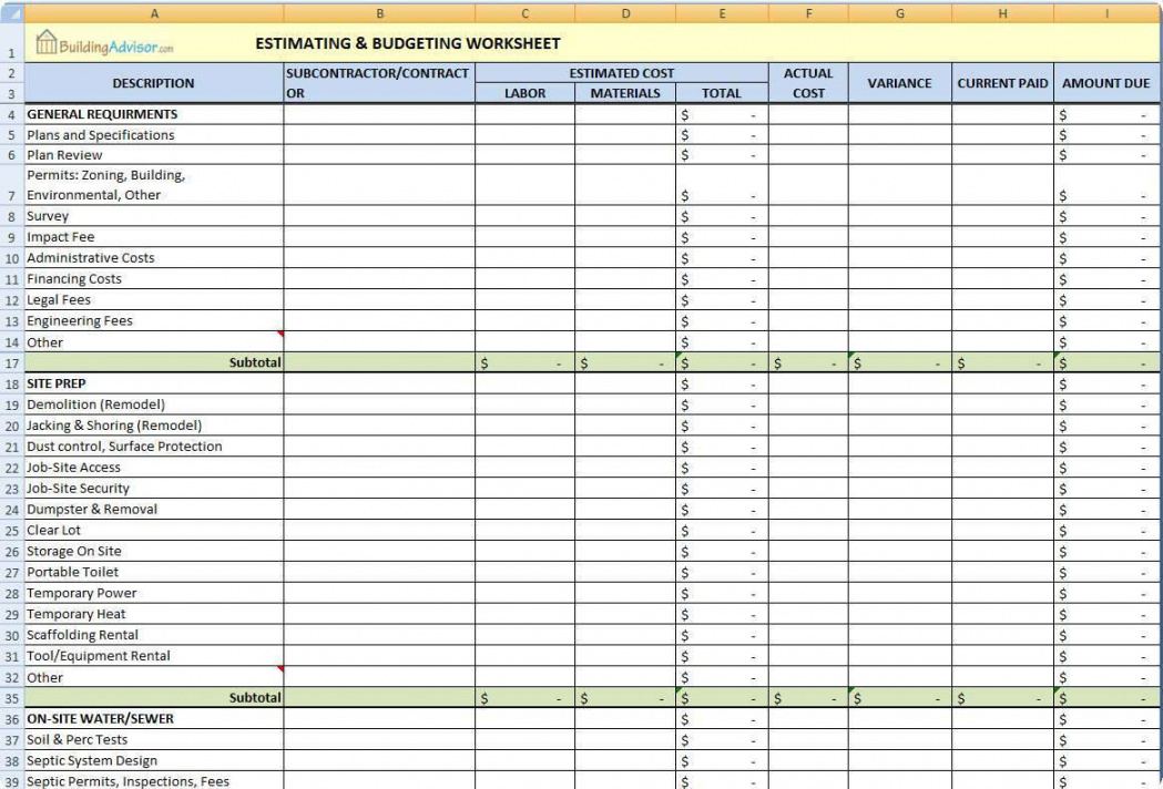 Editable Construction Spreadsheet Examples In Spreadsheet Example Of Home Construction Estimate Worksheet Template Word 