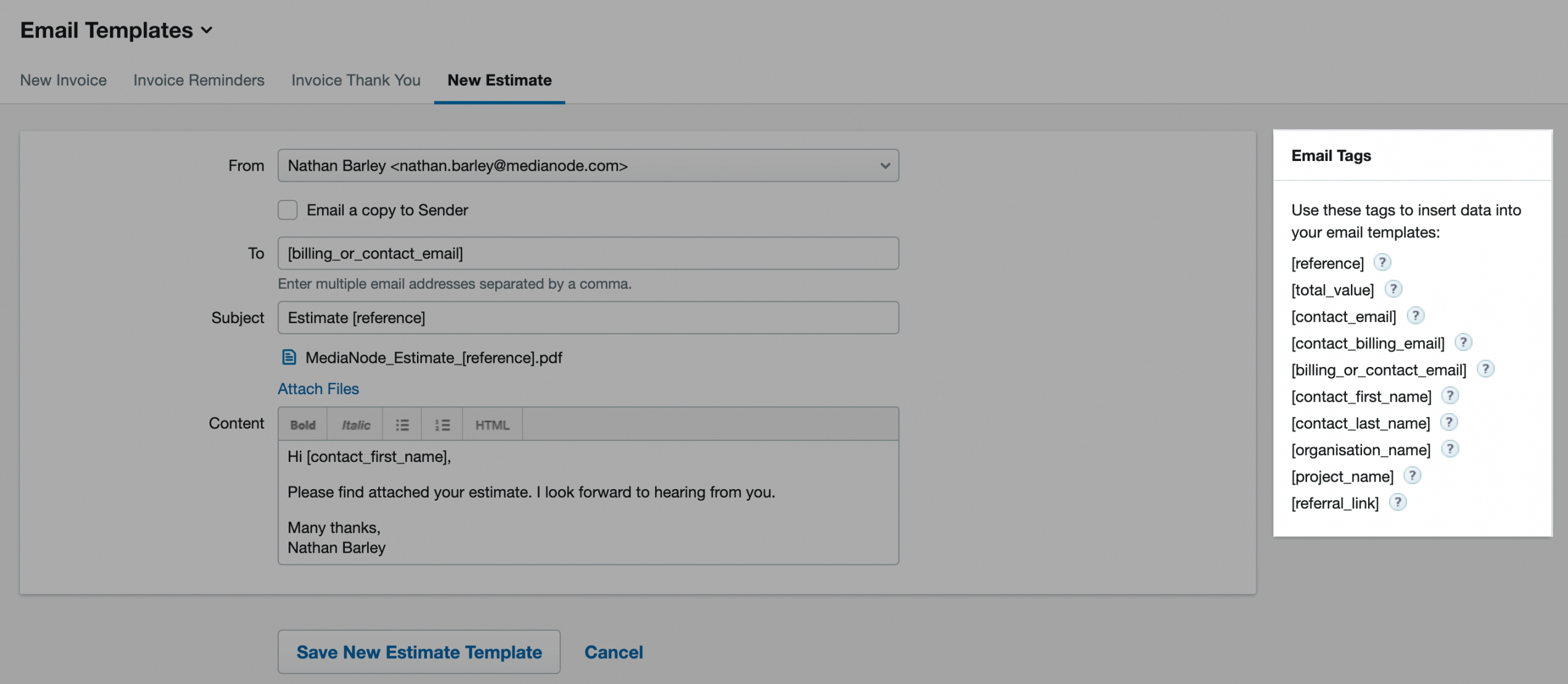 Editable Set Up An Automatic Email For New Estimates Freeagent Sending