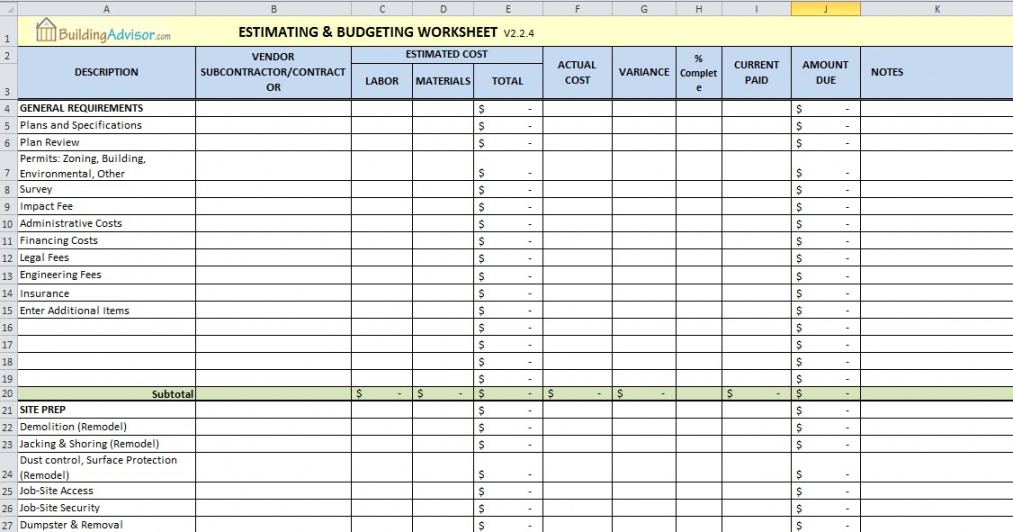 free construction  civil engineering estimating and budgeting spreadsheet preliminary cost estimate template pdf