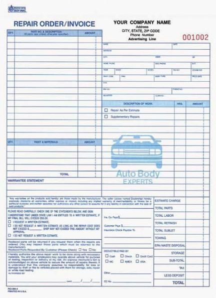 editable 4 part auto body repair order invoice carbonless  auto body repair auto body auto body shop motorcycle repair estimate template sample