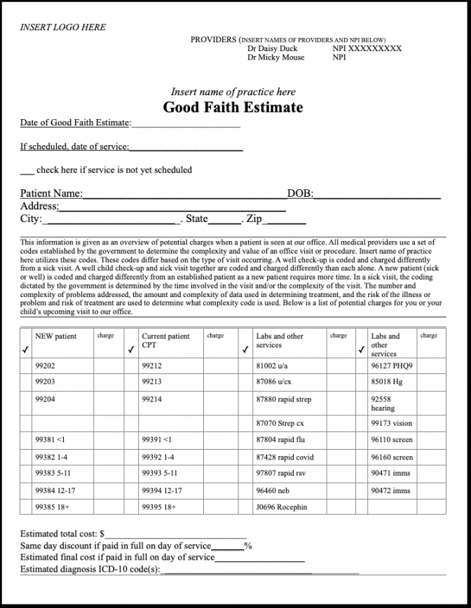 editable provide good faith estimates for pediatric encounters  pcc learn camft good faith estimate template doc