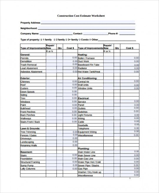 free 9 sample estimate sheet templates in excel  pdf house construction estimate template pdf