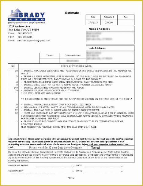 Free Roofing Estimate Template Of Roofing Contract Template Tpo Roofing