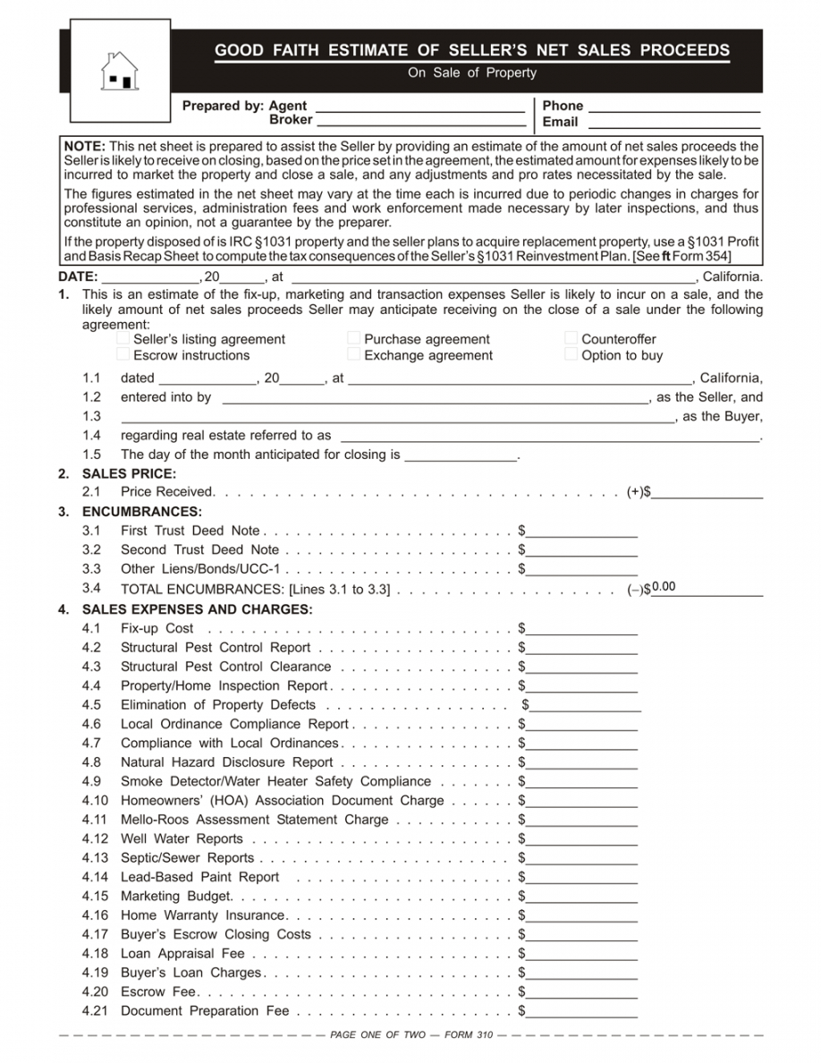 sample formoftheweek good faith estimates of seller&amp;#039;s net sales proceeds nasw good faith estimate template sample