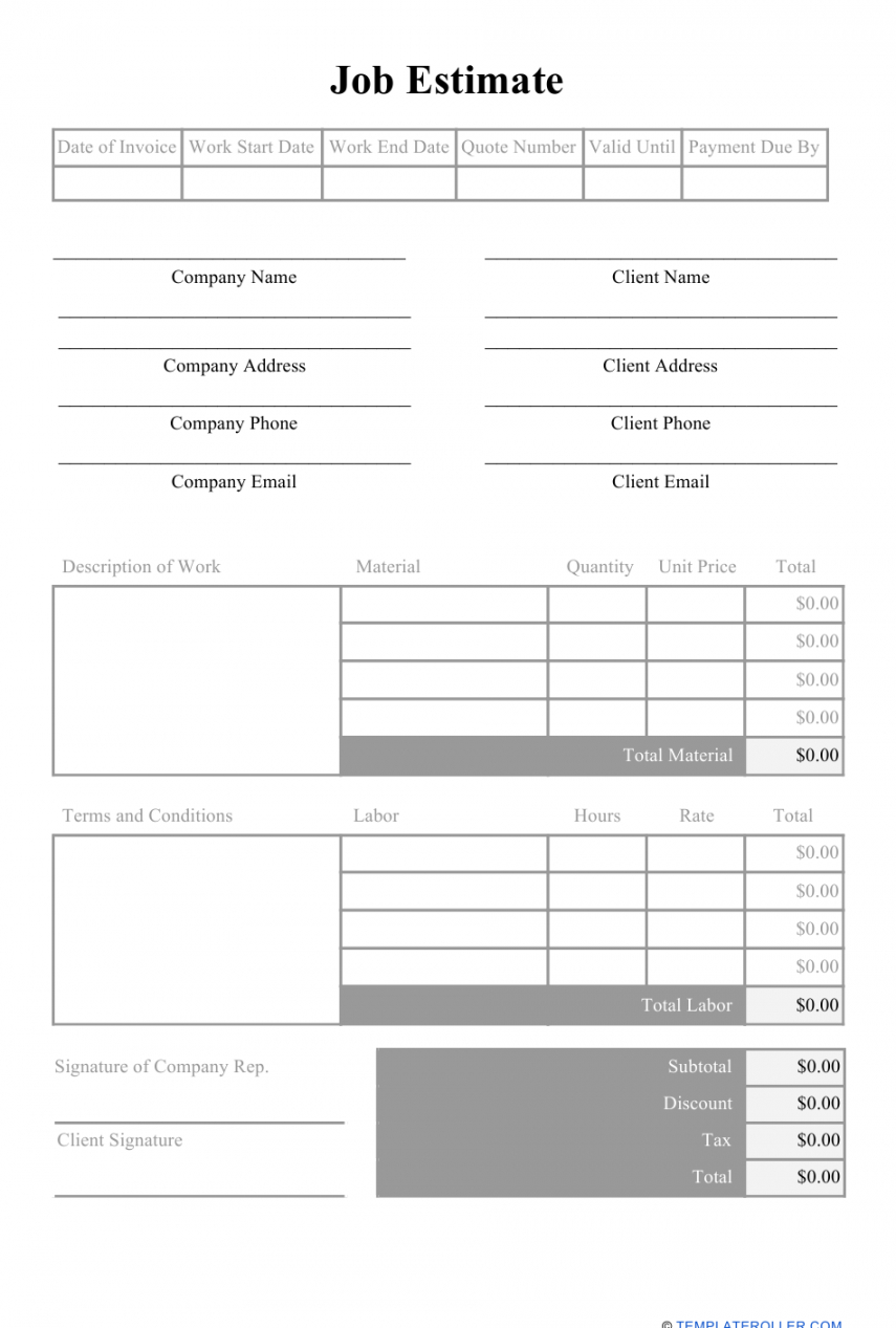 sample job estimate template download printable pdf  templateroller service cost estimate template for clinical trials word