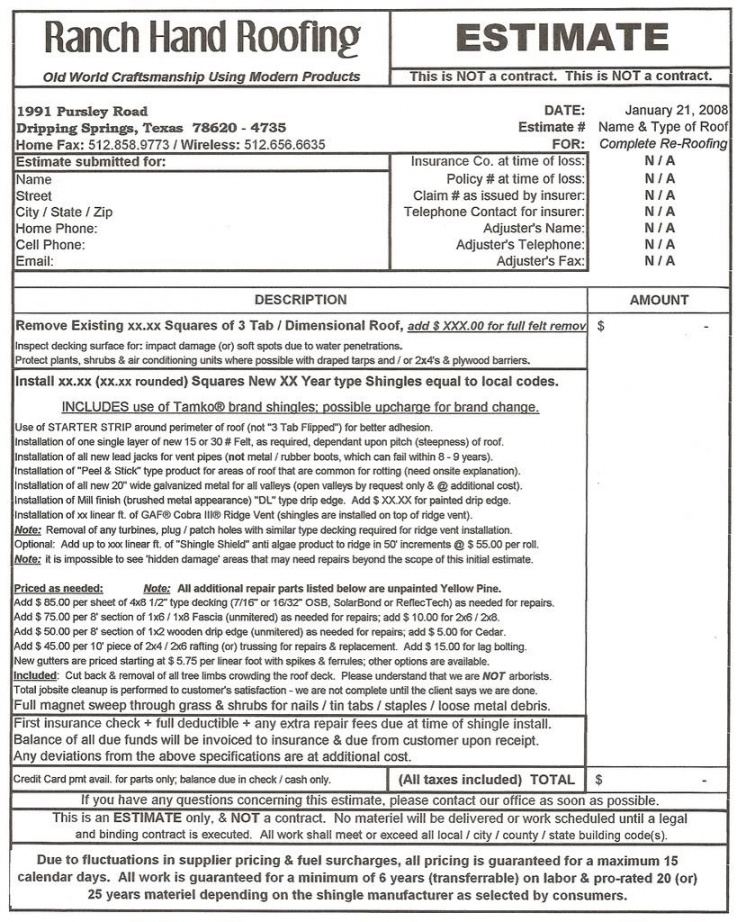 Roofing Quote Roof Estimate Template