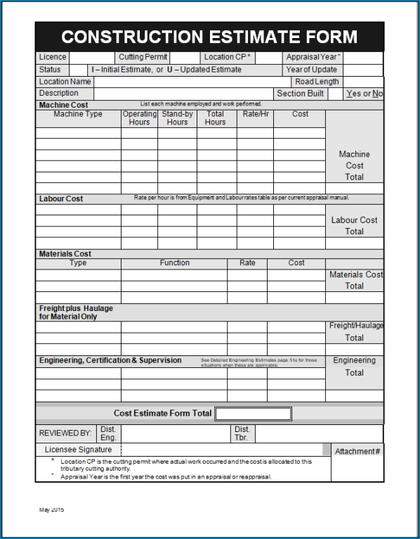 Blank Itemized Construction Estimate Template Pdf