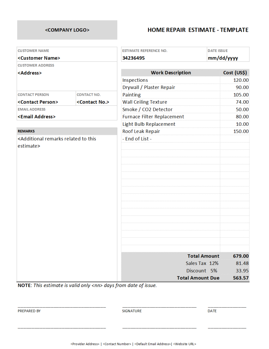 Blank Property Damage Estimate Template