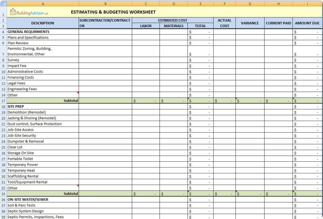 Editable Residential Construction Cost Estimate Template Doc Sample