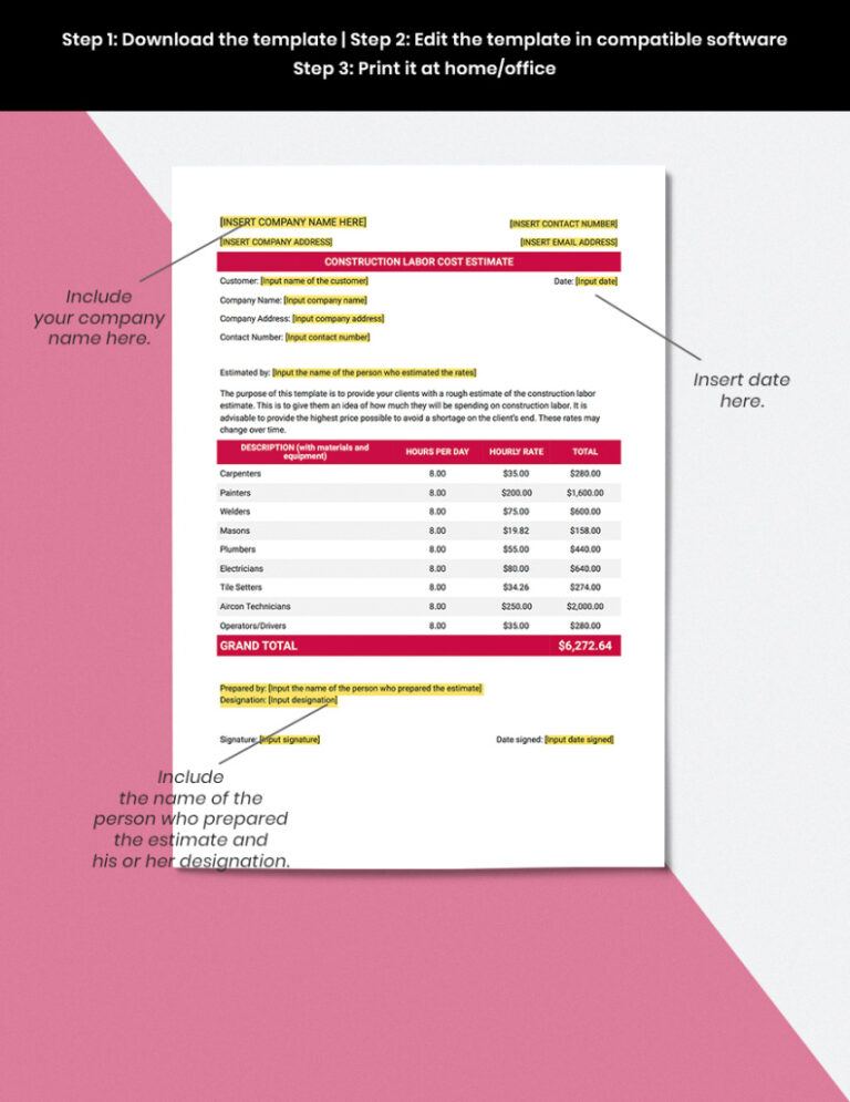 Labor And Material Cost Estimate Template