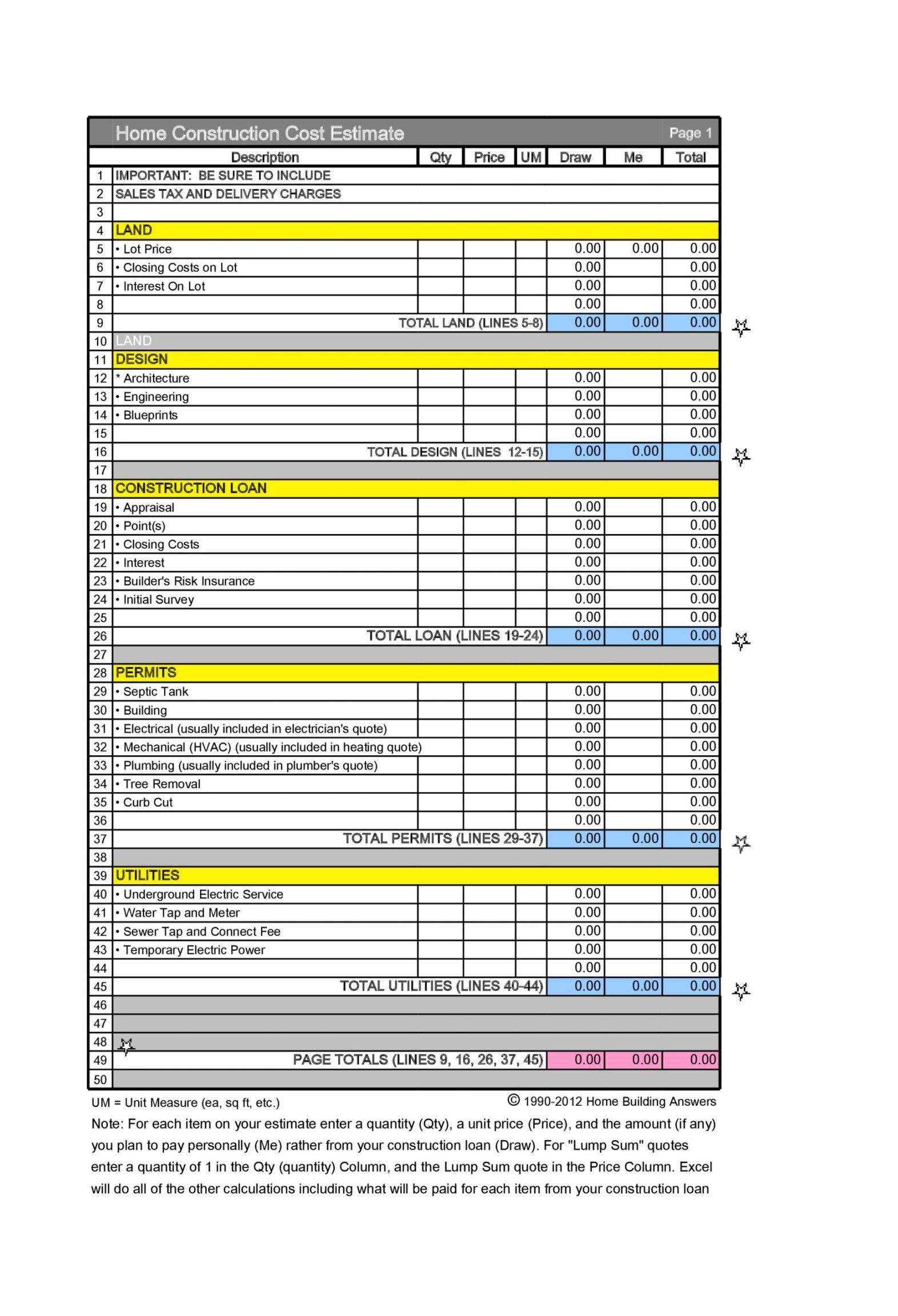 Free Printable Engineering Project Cost Estimate Template