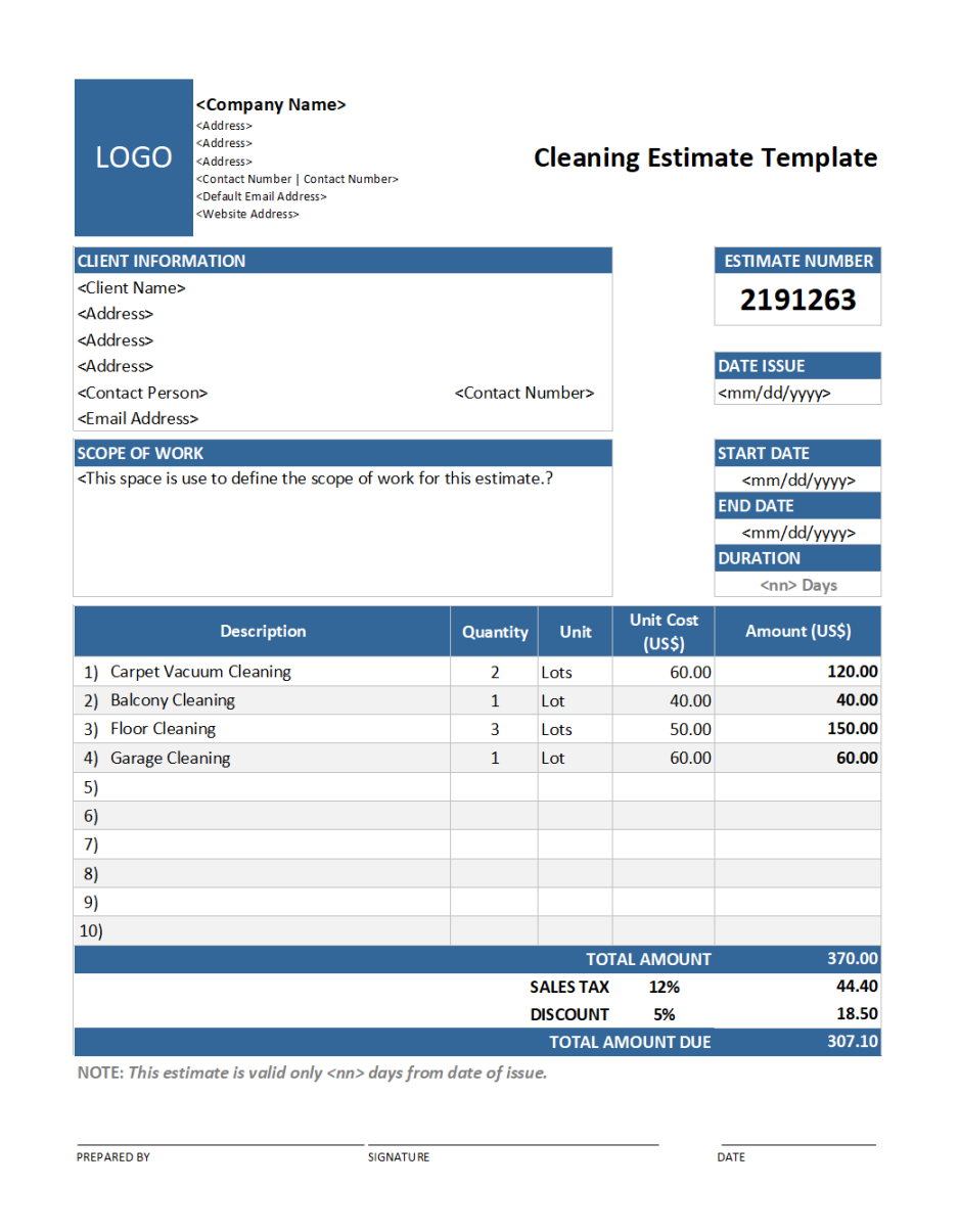 Printable Gutter Installation Estimate Template  Sample