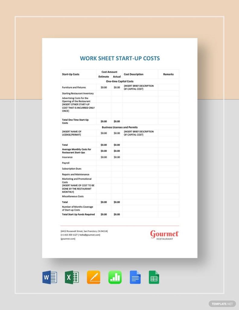 Start Up Cost Estimate Template Excel