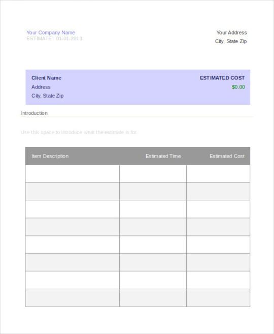 Editable Simple Project Cost Estimate Template Doc Sample