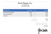 Blank Material Delivery Note Template Excel Sample