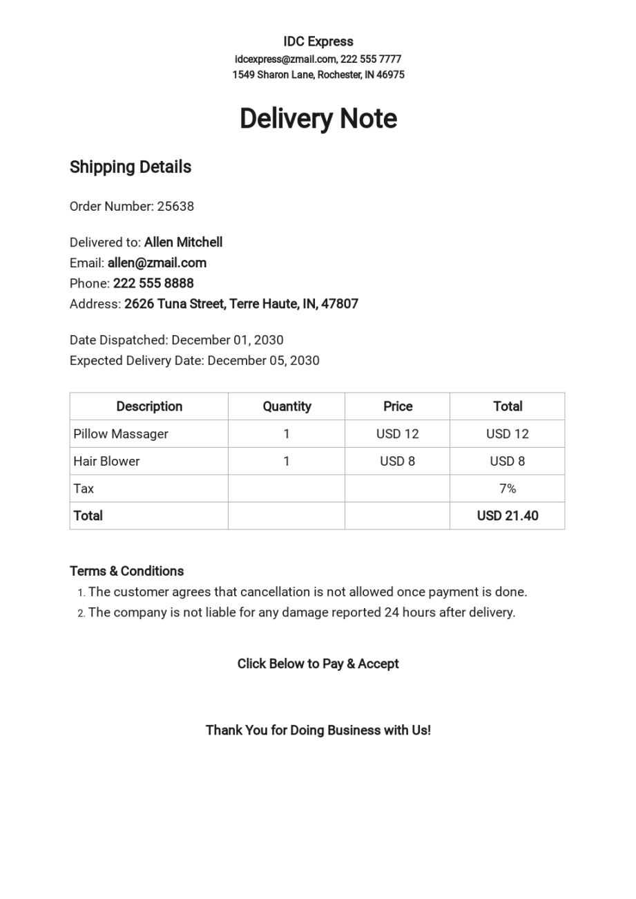 Free Editable Business Delivery Note Template Pdf