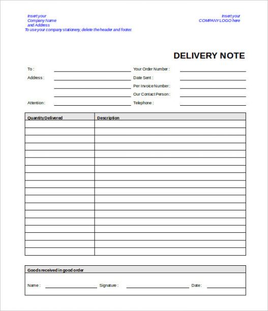 Free Editable Document Delivery Note Template Excel