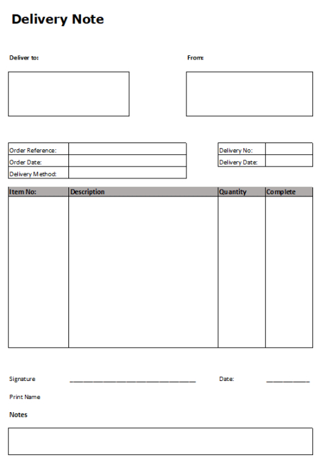 Free Printable Food Delivery Note Template Excel