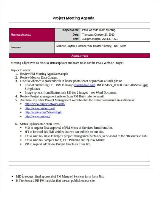 Project Manager Meeting Agenda Template Doc Sample
