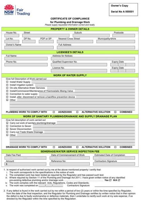 editable which plumbing work requires a notice of work? plumber sydney plumbing certificate of compliance template excel