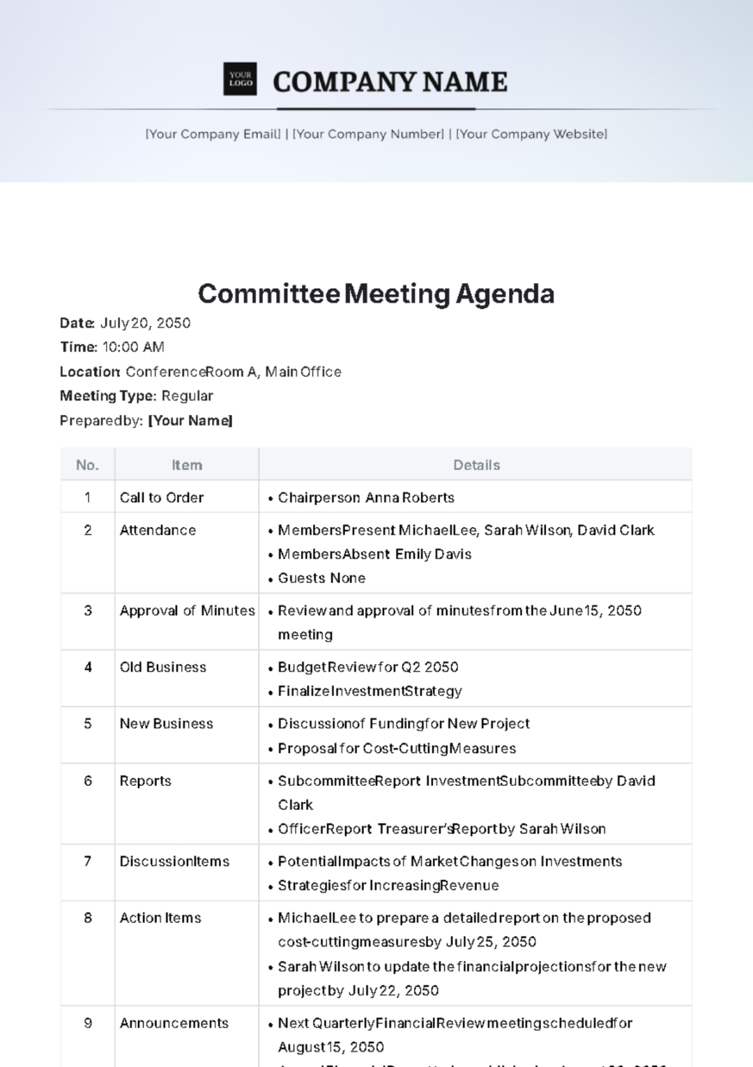 Free Custom Ohs Committee Meeting Agenda Template Pdf Sample