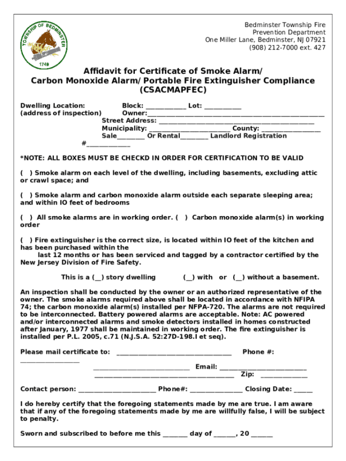 printable affidavit for certificate of smoke alarm carbon monoxide  doc template  pdffiller smoke alarm certificate of compliance template example