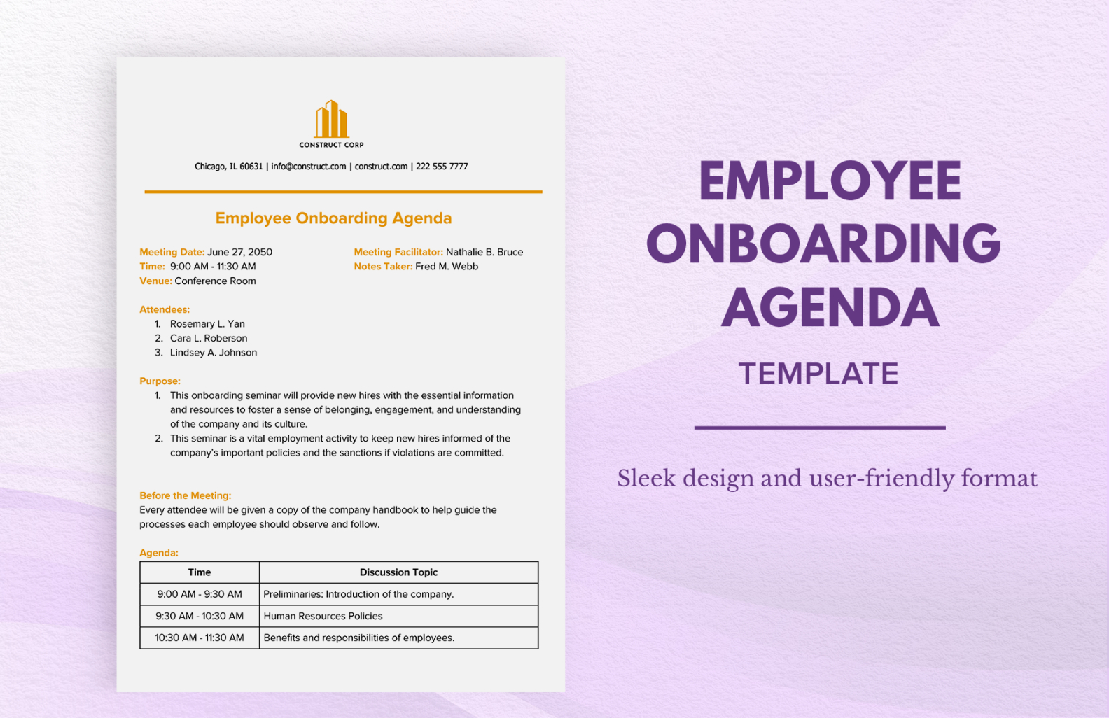 Printable New Hire First Day Agenda Template Excel