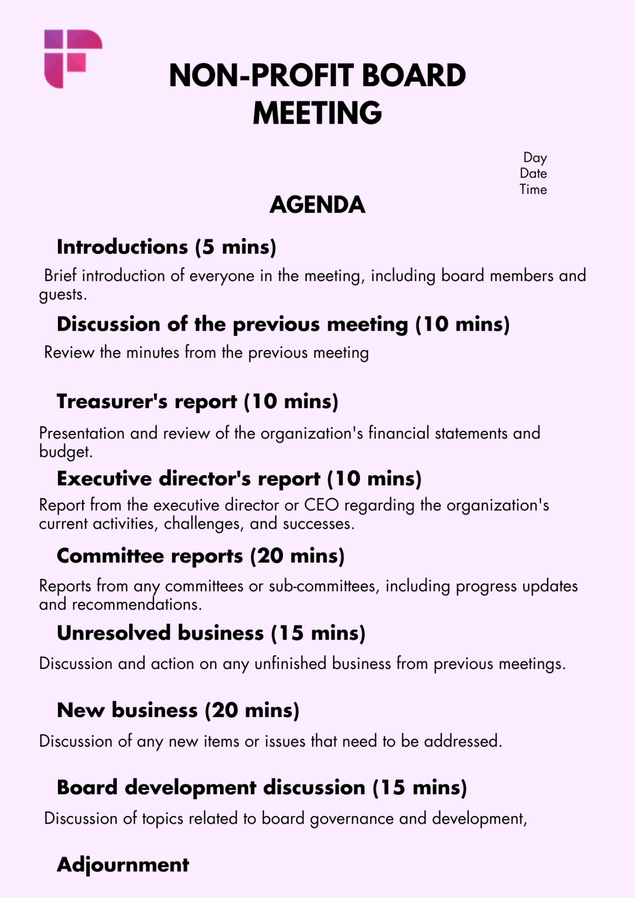 Free Editable Nonprofit Annual Meeting Agenda Template Excel Sample