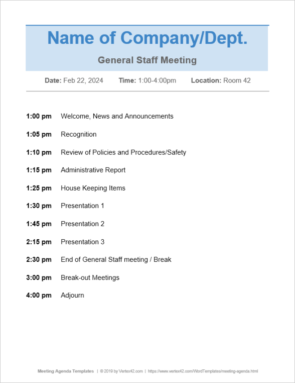 Organization Meeting Agenda Template Word Sample