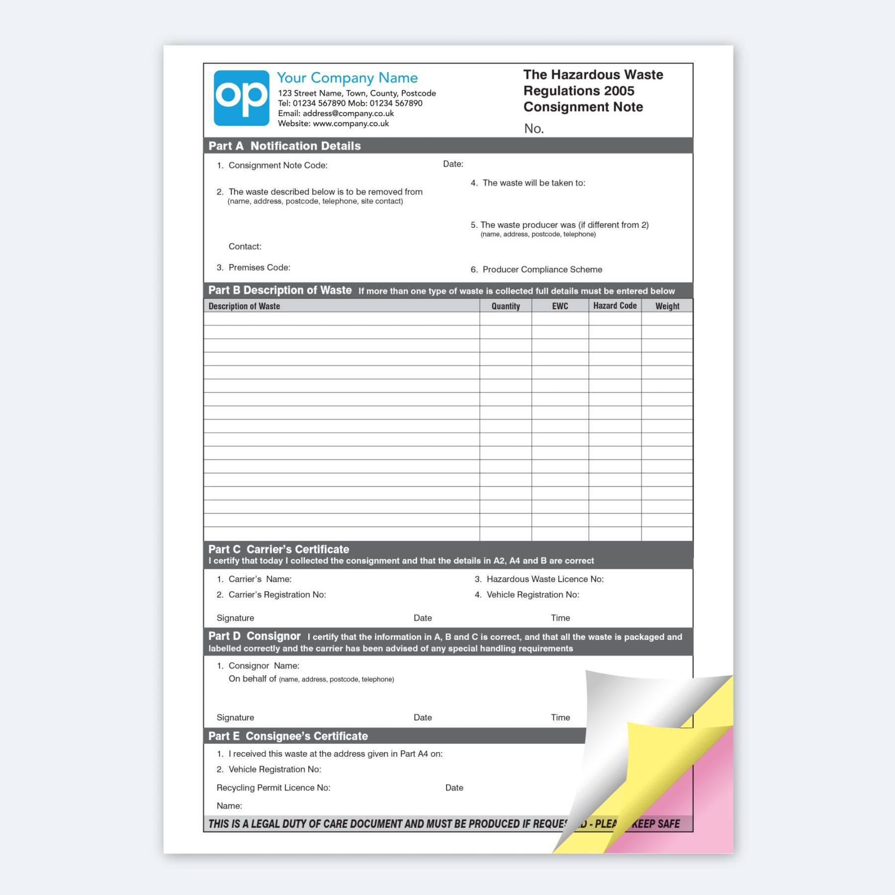 Printable Annual Waste Transfer Note Template Excel Sample